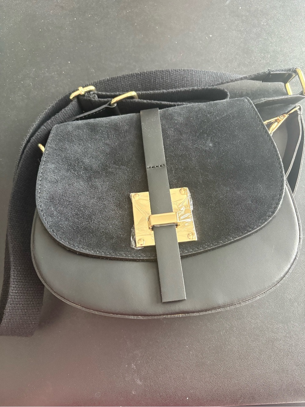 Black Suede & Leather Crossbody Bag with Gold Hardware - Picture 6 of 6